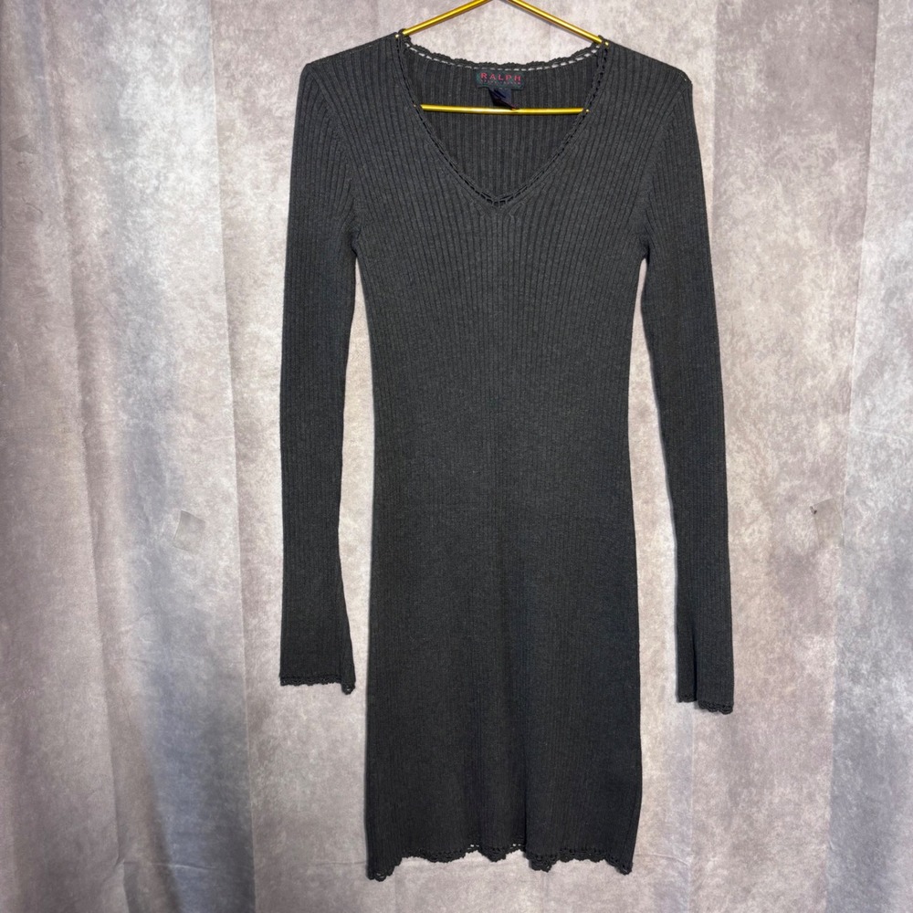 Vintage Ralph by Ralph Lauren VNeck Knit Dress Small Charcoal Grey Goth Grunge